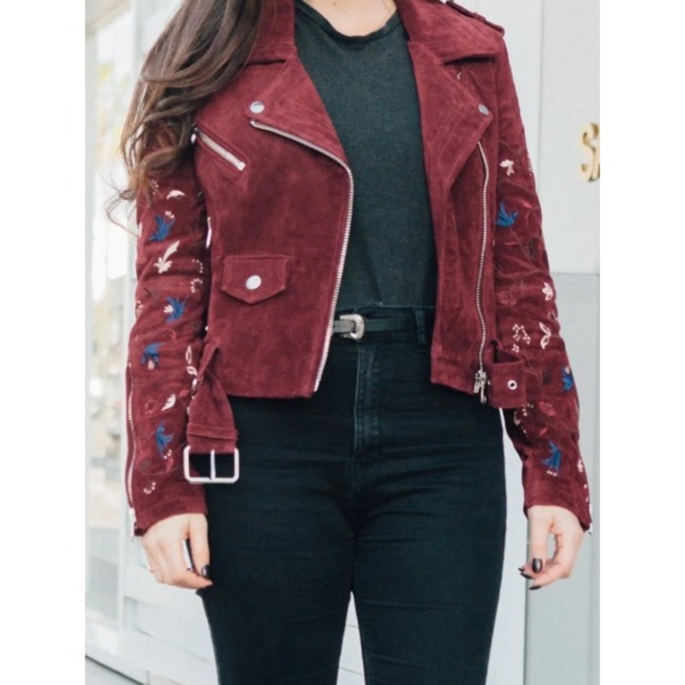 Driftwood Burgundy Embroidered Suede Leather Moto Jacket Large Biker Wine Red